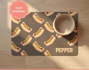 Custom Dog Food Mat with hotdogs and name, Non Slip Waterproof Personalized Pet Placemat