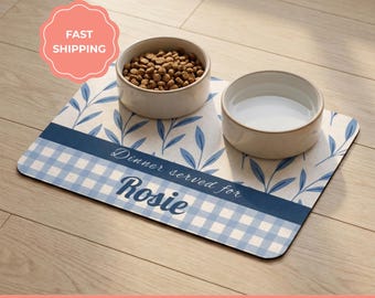 Personalized Dog Feeding Mat, Blue Floral Gingham Pet Name Bowl Placemat