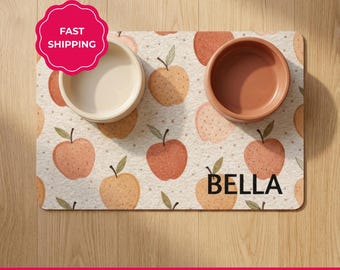 Personalized Dog Food Mat, Apple Pattern Pet Placemat, Dog Lover Gift