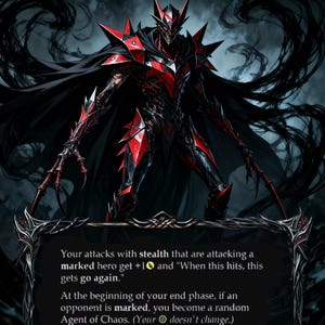 May include: A trading card featuring "Arakni, Marionette," a character in red and black armor with a flowing black cape. The card includes game text and symbols, with a dark, stylized background.