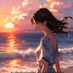May include: Digital art of a woman standing on a beach at sunset, with the word "Ponder" at the top. The text "At the beginning of your end phase, destroy this and draw a card" and "Generic Token - Aura" are also visible.