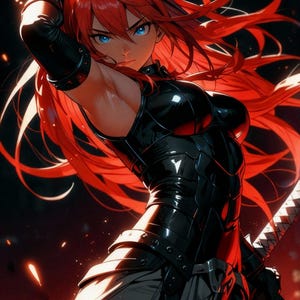 May include: Digital artwork featuring a female warrior with red hair and blue eyes, clad in black armor, holding a katana. The word "Vigor" is at the top. Text at the bottom reads "At the start of your turn, destroy this, then gain 1 resource. Generic Token - Aura."