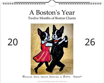 Calendario de pared 2026 impreso de 28 x 22 cm con un Boston Terrier pintado a mano - Arte para el autocuidado y la inspiración
