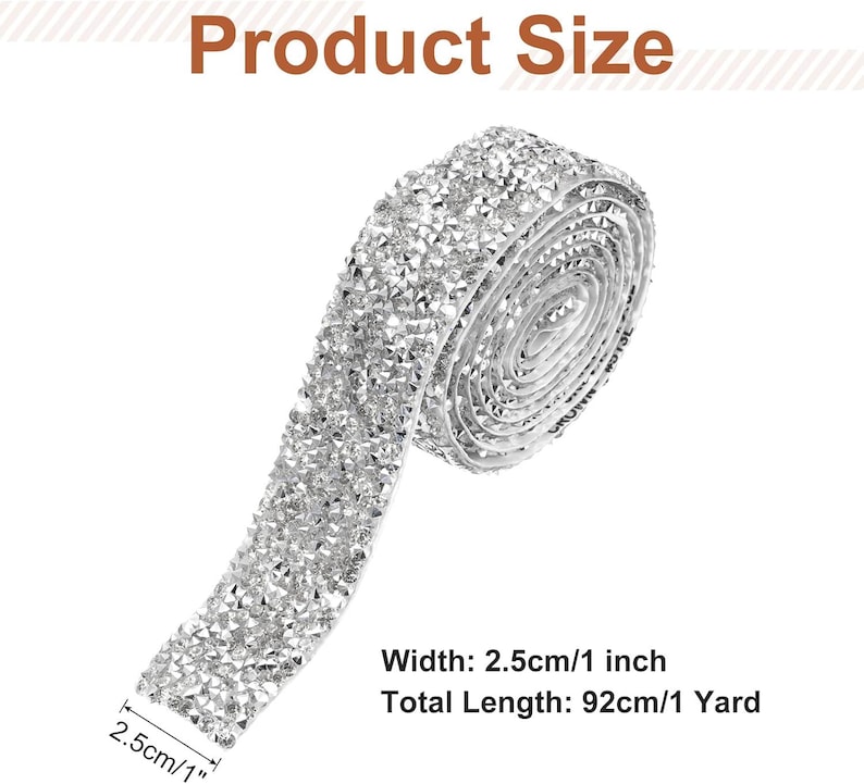 May include: A silver rhinestone ribbon roll featuring a faceted crystal texture. The text Product Size is at the top. The text Width: 2.5cm/1 inch and Total Length: 92cm/1 Yard is at the bottom. The ribbon has a width of 1 inch and a length of 1 yard.