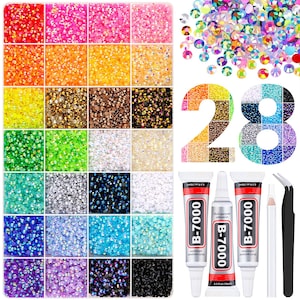 May include: A set of 28 compartments filled with small, multi-colored round rhinestones in various hues. The kit includes three tubes of B-7000 adhesive, a white wax pencil, and black metal tweezers for applying the decorative craft gems.
