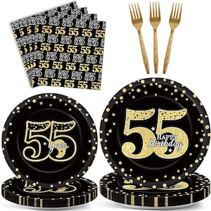 May include: Black and gold 55th birthday party supplies. Includes plates, napkins, and gold-colored forks. The plates and napkins feature the number 55 in gold with a black background. The plates say "Happy Birthday".
