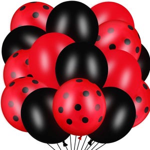 May include: A collection of round latex balloons in solid black and vibrant red with black polka dots. The balloons are arranged in a dense cluster, featuring a mix of plain black spheres and red spheres patterned with evenly spaced black dots.
