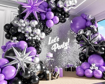 125pcs Purple and Black Balloon Garland Arch Kit, Sliver Confetti Metallic Purple Balloon for Graduation Halloween Birthday Party Decoration