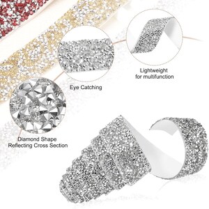 May include: A roll of silver adhesive tape covered in small, faceted, diamond-shaped crystals that reflect light. The image includes text labels: Eye Catching, Lightweight for multifunction, and Diamond Shape Reflecting Cross Section.