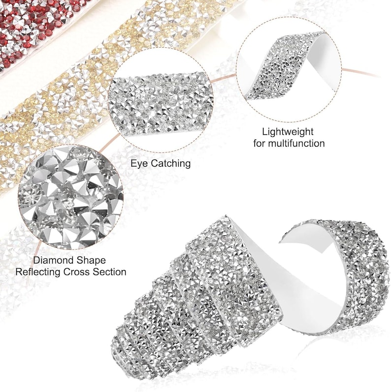 May include: A roll of silver adhesive tape covered in small, faceted, diamond-shaped crystals that reflect light. The image includes text labels: Eye Catching, Lightweight for multifunction, and Diamond Shape Reflecting Cross Section.