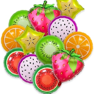 May include: A collection of fruit-shaped foil balloons including strawberries, kiwi slices, orange slices, watermelon slices, dragon fruit slices, and starfruit. The balloons feature vibrant colors like red, green, orange, yellow, and purple with detailed prints.