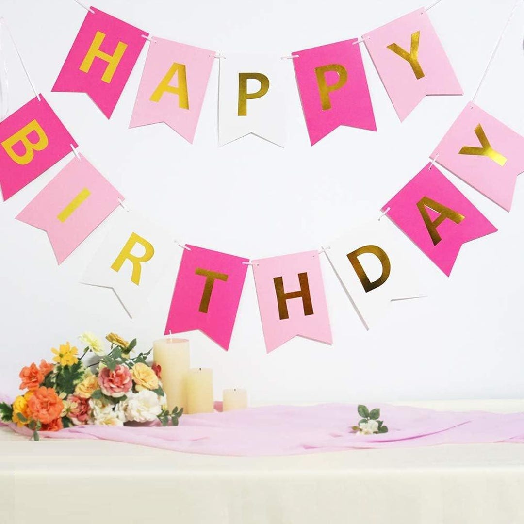 Pink Happy Birthday Banner Signs Golden Sparkle Funny Birthday Party ...