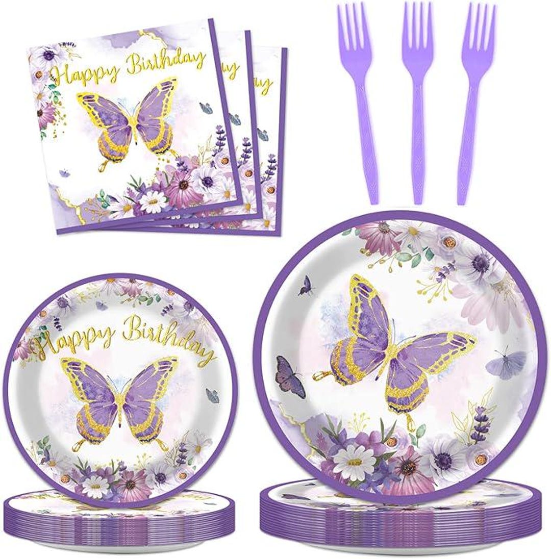 96 PCS Purple Butterfly Birthday Party Tableware Set - Butterfly Themed ...
