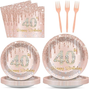 May include: A set of party supplies for a 40th birthday celebration. The set includes plates, napkins, and forks in a rose gold color scheme with glitter accents. The plates and napkins feature the text "40th Happy Birthday".