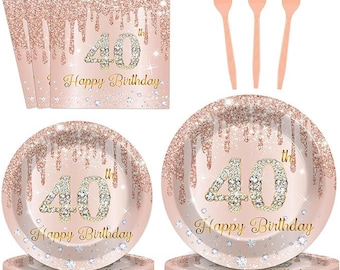 May include: A set of party supplies for a 40th birthday celebration. The set includes plates, napkins, and forks in a rose gold color scheme with glitter accents. The plates and napkins feature the text "40th Happy Birthday".