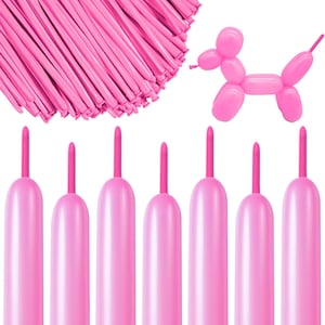 May include: Pink long balloons and a balloon dog against a white background. The balloons are arranged in a bundle and individually, with a few inflated to form a dog shape. The balloons have a long, slender shape with a darker pink tip.
