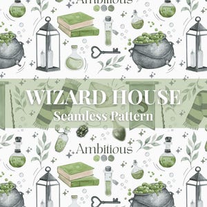 May include: A seamless pattern featuring wizard-themed elements. The design includes cauldrons, potion bottles, books, keys, lanterns, and a banner with the text "WIZARD HOUSE Seamless Pattern" and the word "Ambitious". The color palette is primarily green and gray.