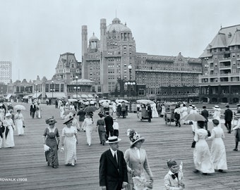 Fotografía antigua del paseo marítimo de Atlantic City, alrededor de 1908
