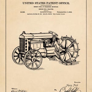 May include: Black and white line drawing of a tractor design patent. The patent is for Henry Ford, and the patent number is 53,898. The patent was filed on May 20, 1919, and granted on October 7, 1919.