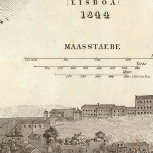 K&ouml;nnte beinhalten: Eine Schwarzwei&szlig;-Gravur der Stadt Lissabon, Portugal, aus dem Jahr 1844. Die Gravur zeigt eine detaillierte Ansicht der Geb&auml;ude und Stra&szlig;en der Stadt. Der Titel "LISSABON (LISBOA) 1844" befindet sich oben auf der Gravur. Eine Skala ist unten auf der Gravur enthalten.