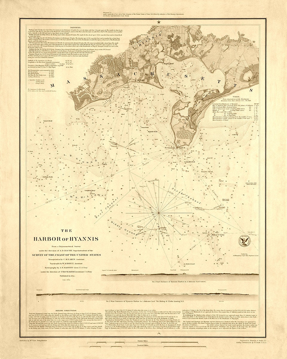 1850 Nautical Chart of Hyannis Harbor Etsy