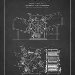 May include: A black and white illustration of a rotary printing press, showing the inner workings of the machine. The image is labeled "United States Patent Office" and "Improvement in Rotary Printing-Presses".