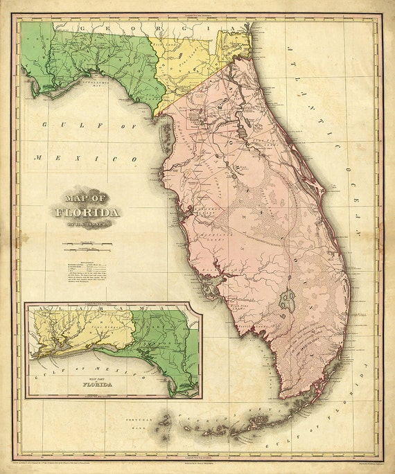20x24 1823 Historic Map of Florida and Gulf of Mexico