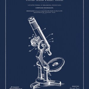May include: A vintage blueprint illustration of a compound microscope, patent number 475,360, dated May 24, 1892. The illustration shows the microscope in detail, including the lens, stage, and base. The inventor, Lancaster Thomas, is listed at the bottom of the blueprint.