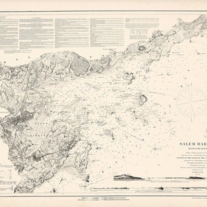May include: A black and white nautical chart of Salem Harbor, Massachusetts. The chart shows the coastline, islands, and depths of the harbor. The title "Salem Harbor, Massachusetts" is printed at the bottom of the chart.
