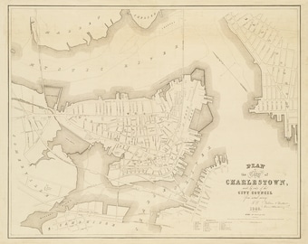 May include: A detailed black and white map of Charlestown, Massachusetts, from 1808. The map shows the city's streets, buildings, and waterways. The title "Plan of the City of Charlestown, made by order of the City Council, from actual survey, 1808." is printed at the bottom of the map.