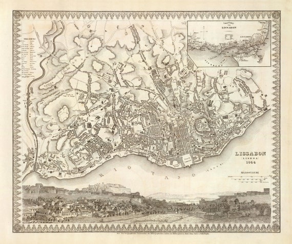 1844 Map of Lisbon, Portugal