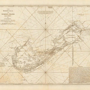 May include: An antique map of Bermuda, also known as Summer's Islands, from a 1700s survey by C. Le Neve. The map shows the islands' coastline, inlets, and surrounding waters. The map is printed on aged paper with a brown tint.