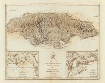 May include: An antique map of Jamaica from the latest surveys, improved and engraved by Thomas Jefferys, Geographer to the King. The map shows the island's coastline, rivers, and mountains. It also includes detailed maps of the harbors of Bluefields, Kingston, and Port Royal.