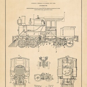 May include: A black and white line drawing of a locomotive patent. The drawing shows the side view of the locomotive, as well as detailed views of the front and rear of the locomotive. The patent number is 453,805, dated September 30, 1890. The inventor is C.L. Heisler, of Dunkirk, New York.