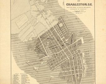 May include: A vintage map of the City Neck of Charleston, South Carolina. The map is printed in black and white and shows the streets and buildings of the city. The map is dated August 1855.