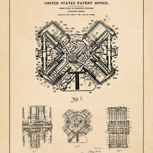 May include: Black and white patent drawing of an explosive engine design. The drawing shows a detailed view of the engine's internal components, including pistons, connecting rods, and crankshaft. The patent is dated August 16, 1927, and was filed by Henry Ford.