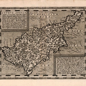 May include: A vintage black and white map of Cyprus, showing the island's geography and cities. The map is surrounded by a decorative border and includes text in Latin describing the island's history and features.