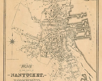 May include: A vintage map of Nantucket, Massachusetts, surveyed in 1834 by Wm. Coffin Jr. The map shows the layout of the town with streets, buildings, and waterways. The map includes a key with references to buildings, water sources, and streets.