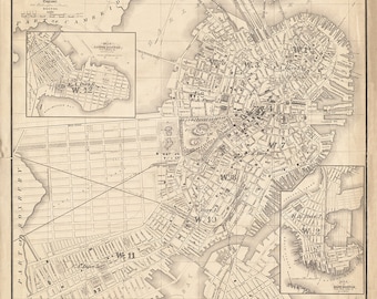 May include: A detailed black and white map of Boston, Charlestown, and Cambridge, Massachusetts. The map shows the layout of the city streets, parks, and waterways. The map is dated 1859.