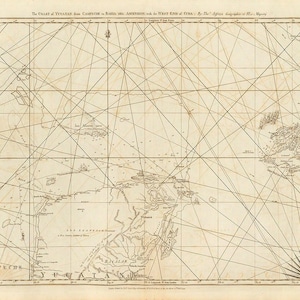 Puede incluir: Un mapa antiguo de la península de Yucatán, que muestra la costa desde Campeche hasta Bahía del Ascensión, con el extremo oeste de Cuba. El mapa está dibujado con tinta negra sobre papel color crema e incluye una rosa de los vientos y una barra de escala.
