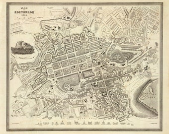 May include: A black and white map of Edinburgh, Scotland, from 1864. The map shows the city's streets, buildings, and parks. The title "PLAN of EDINBURGH 1864" is at the top of the map.