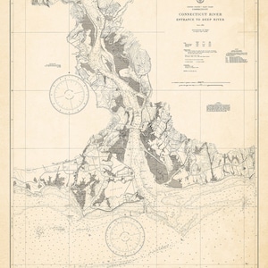 May include: A vintage nautical chart of the Connecticut River, labeled "Entrance to Deep River." The map features detailed topographical lines, depth soundings, and navigational aids. The chart is printed in black and white on aged paper, with a compass rose and text.