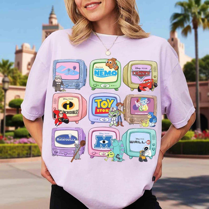 Vintage Disney Pixar Classics Tee | Multi-Movie Graphic Shirt (Nemo, Lightning McQueen, Woody, Remy, Carl) Hoodie image 2