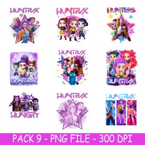 Puede incluir: Nueve diseños de archivos PNG con la palabra "HUNTRAX" e ilustraciones de dibujos animados de personajes femeninos. Los diseños incluyen estrellas y varias combinaciones de colores, con el texto "PACK 9 - PNG FILE - 300 DPI" en la parte inferior.