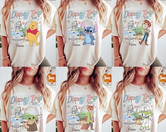 Spersonalizowane koszulki rodzinne z motywem podróży Disney 2026 z postaciami, koszulki grupowe na rodzinne wakacje WDW Disney World Magic Kingdom