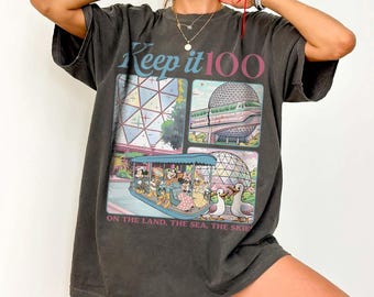 Camiseta vintage de Disney Cruise y Epcot / Camiseta Keep It 100 Land Sea Skies / Ropa con estética retro de los parques Disney / Sudadera con capucha Spaceship Earth Seagull