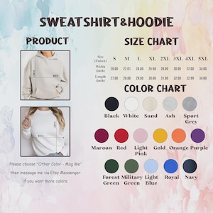 K&ouml;nnte beinhalten: Produktbild mit Gr&ouml;&szlig;en- und Farbtabelle f&uuml;r Sweatshirts und Hoodies. Die Gr&ouml;&szlig;entabelle listet Ma&szlig;e in Zoll auf, von S bis 5XL. Die Farbtabelle zeigt verschiedene Optionen, darunter Schwarz, Wei&szlig;, Bordeauxrot, Rot und Marineblau. Der Text fordert Kunden auf, sich f&uuml;r andere Farben zu melden.