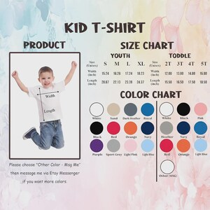 Puede incluir: Imagen de un producto que muestra una camiseta blanca para ni&ntilde;os, con una tabla de tallas y colores. La tabla de tallas incluye medidas en pulgadas para tallas de j&oacute;venes y ni&ntilde;os peque&ntilde;os. La carta de colores muestra varias opciones, incluyendo blanco, negro y rosa.