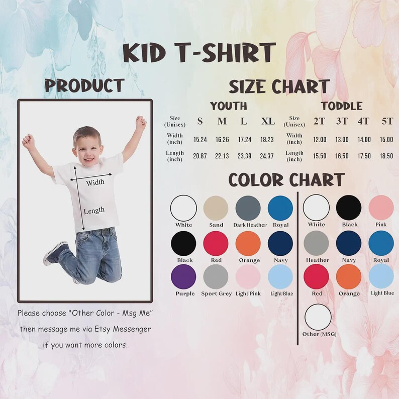 Puede incluir: Imagen de un producto que muestra una camiseta blanca para ni&ntilde;os, con una tabla de tallas y colores. La tabla de tallas incluye medidas en pulgadas para tallas de j&oacute;venes y ni&ntilde;os peque&ntilde;os. La carta de colores muestra varias opciones, incluyendo blanco, negro y rosa.