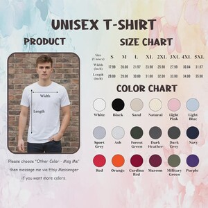 Puede incluir: Una camiseta unisex blanca con una tabla de tallas y opciones de color. La tabla de tallas muestra medidas en pulgadas, que van desde 45.69 cm a 81.10 cm de ancho y 73.66 cm a 88.90 cm de largo. Las opciones de color incluyen blanco, negro y otras tonalidades.